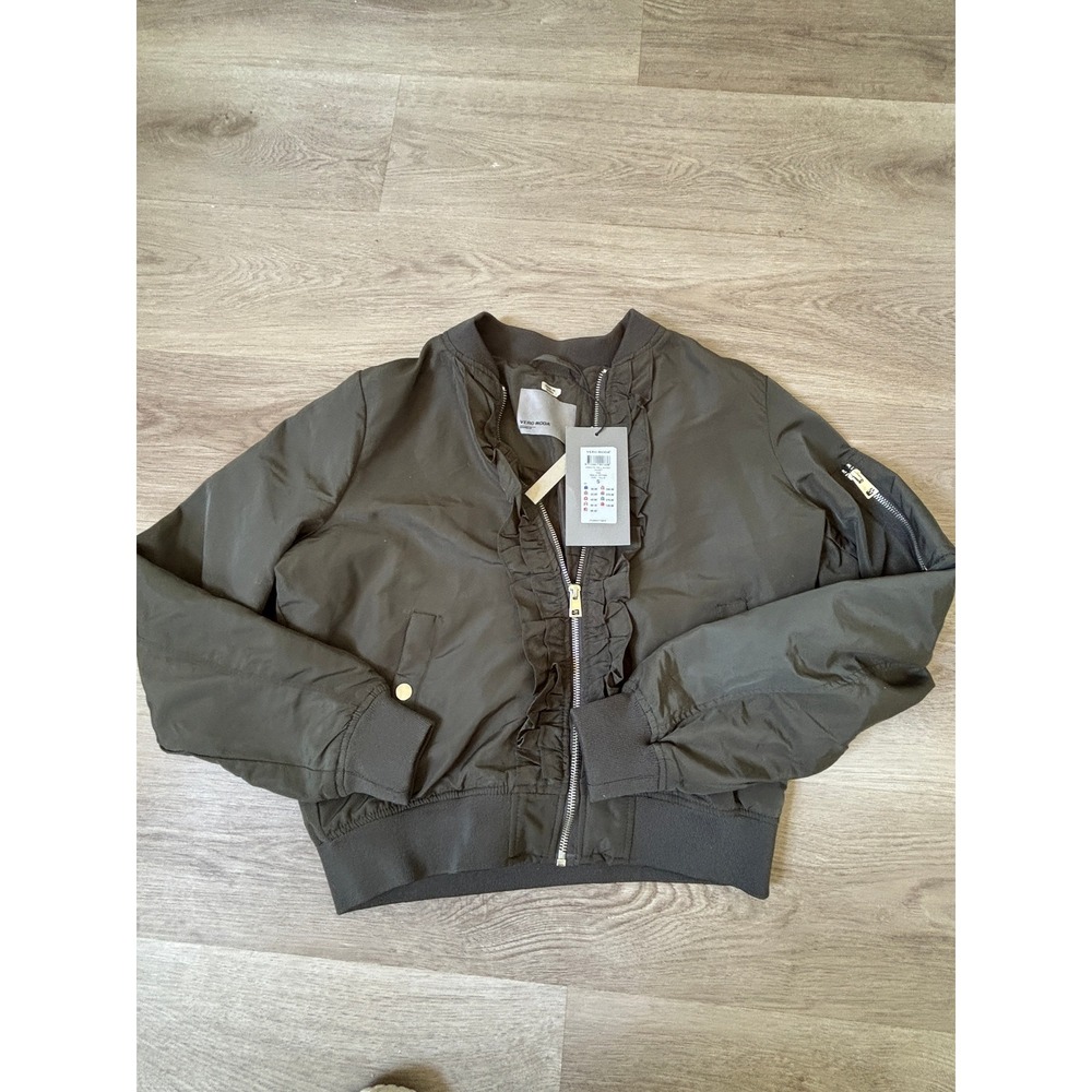 Vero Moda VMDICTE Frill Short Jacket Peat Brown Ruffle Bomber Size S NEW